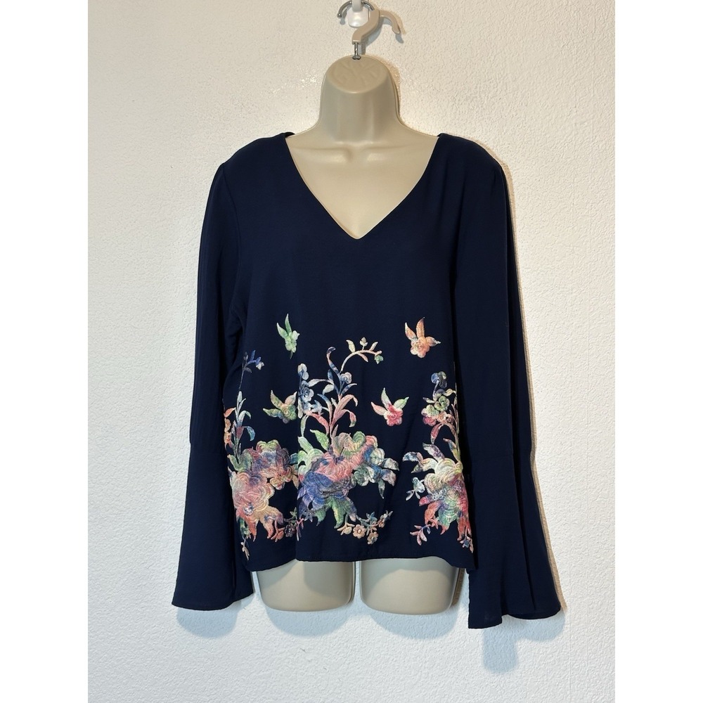 Karen Kane Navy Blue Floral Embroidered Both Sides Bell Sleeve Top Large Boho